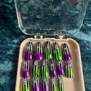 Hand Crafted Striped Black, Green, and Purple Press-On Nails